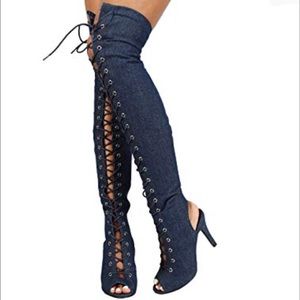 Forever Link Shoes - New Women Dk.Blue Fancy-9 Over Knee Boot Peep Toe Forever Link Shoes - New Women Dk.Blue Fancy-9 Over Knee Boot Peep Toe